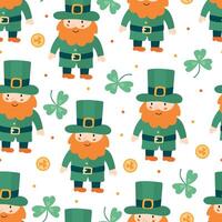 Seamless pattern with hand drawn leprechauns, shamrocks, and gold coins for St. Patricks Day. Ideal for fabric, textile, wrapping paper, wallpaper, and festive surface design vector