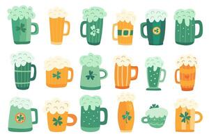 Set of hand drawn beer mugs and glasses with frothy foam, shamrocks, and festive designs for St. Patrick's Day. Perfect for party decorations, invitations, greeting cards, prints, and digital designs vector