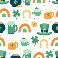 Seamless pattern with leprechaun hats, beer mugs, pots of gold, shamrocks, rainbows, and horseshoes for St. Patricks Day. Great for fabric, wrapping paper, wallpaper, and festive decorations vector