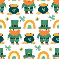 Seamless pattern with leprechauns, pots of gold, shamrocks, and rainbows for St. Patricks Day. Perfect for fabric, wrapping paper, wallpaper, and festive decorations vector