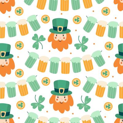 Seamless pattern with leprechaun faces, beer mugs, shamrocks, gold coins, and festive garlands. Perfect for St. Patricks Day fabric, wrapping paper, wallpaper, and party decorations