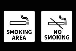 Black and white signage indicating smoking and no smoking areas, featuring a cigarette icon with and without a prohibition symbol on a dark background. vector