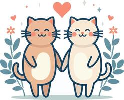 Two cats holding hands with hearts in the background vector