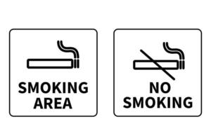 Black and white signage indicating designated smoking and no smoking areas, featuring a cigarette icon with and without a prohibition symbol. vector