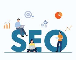 using seo tools for brand promotion and popularity in internet, young people working on laptop, illustration in flat style vector