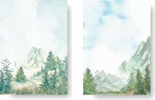 Watercolor set of backgrounds with mountains, pine trees, fir trees, and grassy landscapes. Hand drawn illustration. vector