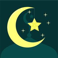 A crescent and star with a mosque on a dark background vector