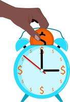 A hand putting a dollar coin on an alarm clock vector