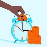 A hand putting coins on an alarm clock vector