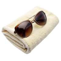 Stylish brown sunglasses resting on a folded cream-colored towel. png