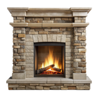 Stylish stone fireplace with a warm, inviting fire. png
