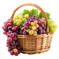 Fresh grapes in a rustic wicker basket. png