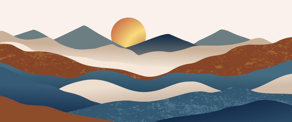 Abstract mountain landscape navy blue, burnt orange tones, layered hills, soft sunrise with artistic textures for modern prints, posters, decor