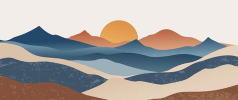 Minimalist mountain range deep blue tones, golden sunset, layered abstract hills with textured artistic style for contemporary prints, posters vector