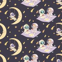 Seamless space pattern, cute space baby pattern. alien and stronaut vector