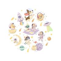 A set of cute space illustrations. Astronauts, rocket, cute cat and dog, duck, planets. Print, sublimation vector