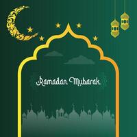 Ramadan mubarak mosque with moon, stars, lanterns and clouds at green and golden color. Eid Mubarak greeting post banner vector