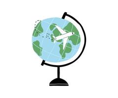 The concept of a globe with an airplane drawn in a flat style. Travel around the world, flight, rest. Hand drawn illustration. vector
