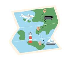 The concept of a map with an airplane drawn in a flat style. Travel around the world, flight, rest. Hand drawn illustration. vector