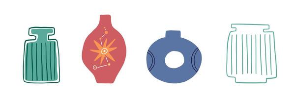Set of cute interesting vase drawn in flat style. Interior, vase, decoration. Hand drawn illustration. vector