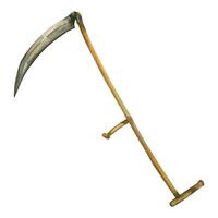 Scythe, tool for mowing grass, harvesting. Garden tool hand drawn in watercolor and isolated on white background. Watercolor illustration. Suitable for package design, festival, Halloween vector