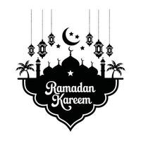Black and white Ramadan Kareem graphic design with mosque and lanterns. vector