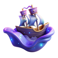 extraordinary vintage 3D Render Cartoon Ship on Purple Waves premium png
