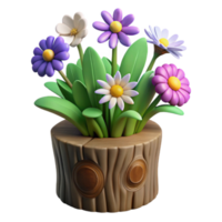 3D Render of Flowers in a Tree Stump png