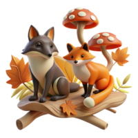 Autumn Foxes on Mushroom Log 3D Render png