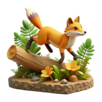 3D Render Playful Fox Leaping on Log png