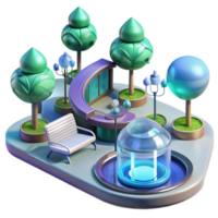 3D Render of Futuristic Park Scene with Bench and Fountain png