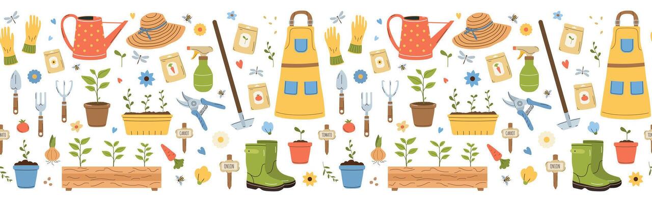Gardening items border pattern. Farm or planting tools. Flat cartoon illustration. Agriculture graphic for banner, stickers.