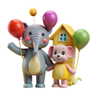 Cute Elephant and Mouse with Balloons and House png