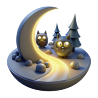Nighttime Forest Scene with Crescent Moon and Cute Animals png
