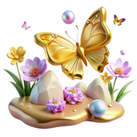 Golden Butterfly, Floral Scene, 3D Render png