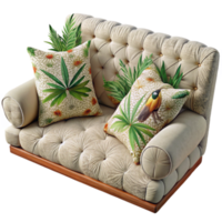 Tropical Leaf Print Pillows on Button Tufted Sofa png