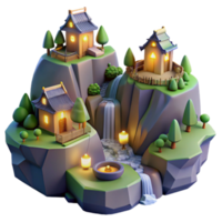 Enchanted Village Waterfall 3D Render png