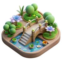 3D Render of a Serene Garden with Bridge and Pond png