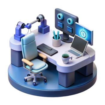 moderno spazio di lavoro robotica braccio, scrivania impostare, computer, efficienza png