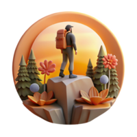 Sunset Hike 3D Render of a Backpacker on a Mountaintop png