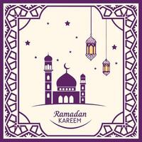 Ramadan kareem greeting card with mosque and lanterns vector
