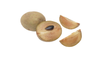 Slices, Half, and Whole Brown Sapodilla on Transparent Background png