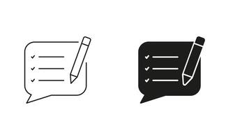 Support Chat, Text Report Sign. Customer Feedback Line and Silhouette Icon Set. Speech Bubble With Pencil Pictogram. Editable Stroke. Isolated Illustration vector