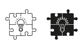 Lightbulb in Puzzle, Solution Symbol Collection. Success Innovation, Inspiration, Idea Line and Silhouette Icon Set. Invention Strategy. Editable Stroke. Isolated Illustration vector