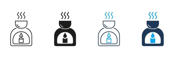 Essential Oil Burner Line and Silhouette Icon Set. Aromatherapy for Relaxation and Sleep Symbol. Calming Essential Oil Diffuser. Editable Stroke. Isolated Illustration vector