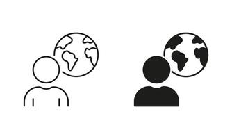 Globe and Person Line and Silhouette Icon Set. Worldwide Communication Pictogram. Global Business Concept. Editable Stroke. Isolated Illustration vector