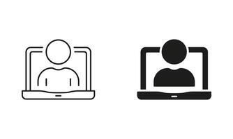 Online Conference. Person in Laptop Line and Silhouette Icon Set. Computer User, Business Network Pictogram. Remote Employee Symbol. Editable Stroke. Isolated Illustration vector