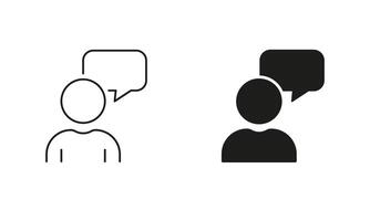 Dialog, Opinion, Brainstorm Pictogram. Customer Feedback. Man With Speech Bubble Line and Silhouette Icon Set. Communication Symbol. Editable Stroke. Isolated Illustration vector