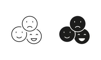 Feedback, User Experience Symbol. Happy Smile, Positive Face, Sad Emoticon Line and Silhouette Icon Set. Emoji Pictogram. Customer Satisfaction Sign. Editable Stroke. Isolated Illustration vector