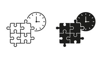 Puzzle with Time, Urgency Solution Line and Silhouette Icon Set. Deadline for Teamwork Strategy Sign. Editable Stroke. Isolated Illustration vector